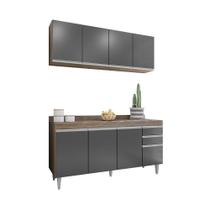 Kit Cozinha Balcão Lorena e Aéreo 160cm C/ Tampo Freijó com Grafite - Belliv Decor