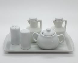 Kit Cozinha - Bandeja + Saleiro Mesa + Paliteiro + kit 2 Galheteiros + Açucareiro Chaleira - Porcelana Branca e Bege - Antílope Decor Porcelanas
