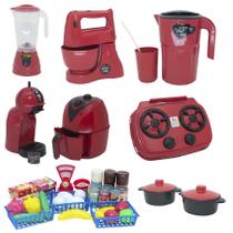 Kit Cozinha Brinquedo Vermelho Mercado Fogão Air Fryer 43pç