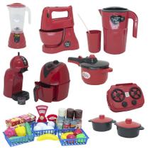 Kit Cozinha Brinquedo Vermelho Mercado Fogão Air Fryer 44pç
