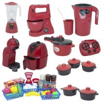 Kit Cozinha Brinquedo Vermelho Mercado Fogão Air Fryer 47pç