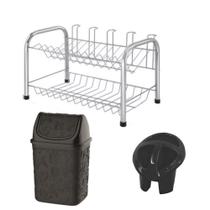 Kit Cozinha C/ Escorredor De Louça + Porta Talher Com 3 Divisória + Cesto De Lixo 4,5L Prático