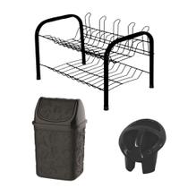 Kit Cozinha C/ Escorredor De Louça + Porta Talher Com 3 Divisória + Cesto De Lixo 4,5L Prático - Jump