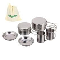 Kit Cozinha Camping Inox 8Peças Frigideira Panela Copo Bolsa