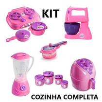 Kit Cozinha com 13 Brinquedos Airfryer, Potes de Mantimentos Arroz, Feijão, Açucar e Café, Liquidificador, Batedeira, F