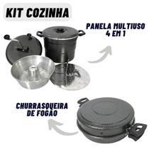 Kit Cozinha Com Churrasqueira de Fogão + Panela 4 em 1 Cuscuzeiro Pipoqueira Pudim