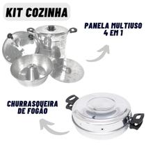 Kit Cozinha Com Churrasqueira de Fogão + Panela 4 em 1 Cuscuzeiro Pipoqueira Pudim