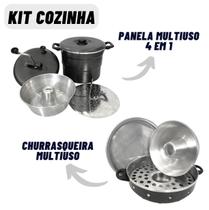 Kit Cozinha Com Churrasqueira Multiuso Vigorosa de Fogão + Panela 4 em 1 Cuscuzeira Pipoqueira Pudim