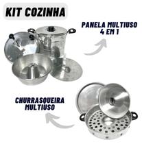 Kit Cozinha Com Panela 4 em 1 Cuscuzeira Pipoqueira Pudim + Churrasqueira Multiuso Vigorosa de Fogão - JL Comercio