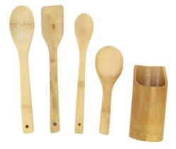 Kit Cozinha Com Suporte E 4 Talheres Em Bambu