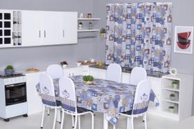 Kit Cozinha Completa 10 Peças Cortina 2m Toalha de Mesa 8 Lugares Capa de Cadeira Tubular Estampada Bule Azul