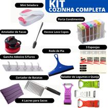 Kit Cozinha Completa 12 Itens Porta Condimentos Mini Seladora De Sacos Afiador de Facas Escova Limpa Copos Esponja Magic