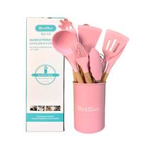 Kit Cozinha Completo 12 Peças Silicone ROSA Cabo de Madeira
