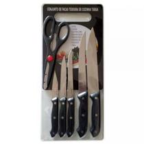 Kit Cozinha Conjunto De 5 Facas + Tesoura + Tábua + Faqueiro Aço Inoxidável HSK-7P-SC