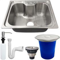 Kit Cozinha Cuba Gourmet Inox 304 50x40 Com Lixeira De Embutir 5 Litros Porta Detergente 500ml Valvula E Sifão Flexivel Universal Kit Pia 5 Peças