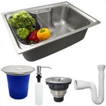 Kit Cozinha Cuba Gourmet Inox 304 60x42 Com Lixeira De Embutir 5 Litros Porta Detergente 500ml Valvula E Sifão Flexivel Universal Kit Pia 5 Peças