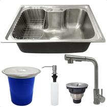 Kit Cozinha Cuba Gourmet Inox 304 60x42 Torneira 90 Monocomando Lixeira De Embutir 5L Porta Detergente 500ml Valvula E Sifão Kit Completo 6 Peças