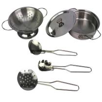 Kit Cozinha De Brinquedo 6 Peças Em Inox Braskit Escorredor de Macarrão e Utensílios +4 Anos