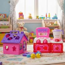 Kit Cozinha Didática Peças encaixe e Casinha Educativa Blocos Formas Geometricas Brinquedo Monto e Desmonta Menina Rosa Presente Crianças 1 Ano