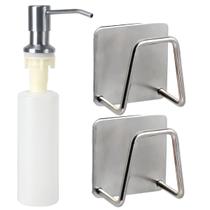 Kit Cozinha Dispenser Dosador Detergente Embutir Inox 350ml + 2 Porta Esponja Bucha Pia Inox - Apolum