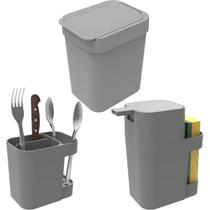 Kit Cozinha Dispenser + Porta Talheres + Lixeira 2,5l Soprano cinza