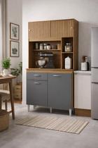 Kit Cozinha Duda 90cm Compacta 4 Portas 1 Gaveta Porta de Correr Damasco Ripado Cinza Kit Cozinha Duda 90cm Compacta 4 Portas 1 Gaveta Porta de Correr Damasco Ripado Cinza