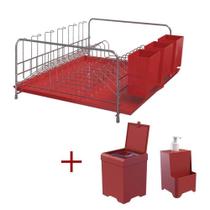 Kit Cozinha Escorredor Com Bandeja + Lixeira 5,4l+ Dispenser Vermelho