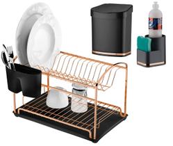 Kit Cozinha Escorredor De Louças Duplo Bandeja Lixeira 2,5L Porta Detergente Preto Cobre Rose Gold - Future