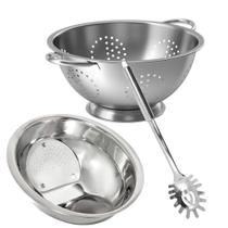 Kit Cozinha Escorredor de Macarrão, Lavador de Arroz e Colher de Espaguete Aço Inox 3 Peças - Quality House