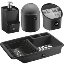 Kit Cozinha Escorredor Lixeira Detergente Dispenser Preto