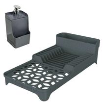 Kit Cozinha Escorredor Louça + Dispenser 500ml c/ Porta Esponja - Cinza Uz