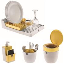 Kit Cozinha Escorredor Louças + Porta Talheres + Dispenser Detergente + Lixeira Pia - Branco Crippa