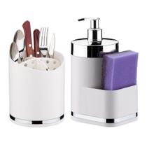 Kit Cozinha Escorredor Porta Talheres E Dispenser De Detergente 500ml Com Suporte Esponja Organizador Pia Bancada