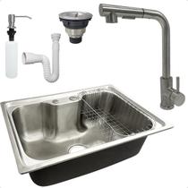Kit Cozinha Gourmet Cuba Inox 304 60x42 Com Torneira Monocomando 90 Graus Porta Detergente 500ml Valvula E Sifão Flexivel Universal Kit Cozinha 5 Pçs