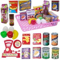 Kit Cozinha Infantil 29 Peças Mini Mercado Educativo com Comidinhas Cestinha e Utensilios