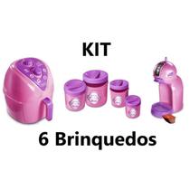 Kit Cozinha Infantil 6 Brinquedos Airfryer,  Porta Arroz, Feijão, Açucar e Café e Cafeteira DolceGus