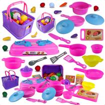 Kit Cozinha Infantil Brinquedo Fogão + Cesta Frutas Legumes