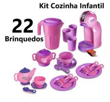Kit Cozinha Infantil Cafézinho com 22 Brinquedos Cafeteira com Capsula, Bule, açucareiro, Xícara, Pires, Colher e Pratos