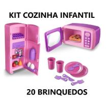 Kit Cozinha Infantil com 20 Brinquedos Geladeira Duplex, 2 garfos, 2 facas, 2 pratos, 1 microondas e 1 fatia de pizza