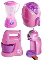 Kit Cozinha Infantil com 4 Brinquedos Eletrodomésticos Airfryer, Batedeira, Cafeteira Capsula e Liquidificador