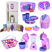 Kit Cozinha Infantil Geladeira Rosa Microondas Louça 43pç