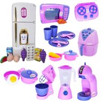 Kit Cozinha Infantil Geladeira Rosa Panelinhas Louça 43pç