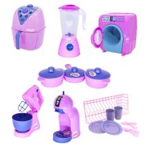 Kit Cozinha Infantil Rosa Air Fryer Panela Máquina Lavar 18p