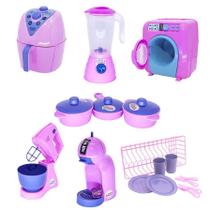 Kit Cozinha Infantil Rosa Air Fryer Panela Máquina Lavar 18P