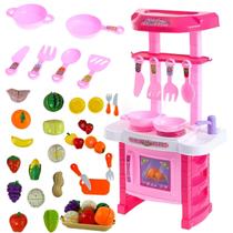 Kit Cozinha Infantil Rosa com Fumaça Luz e Som + Frutinhas Crec Crec Castela