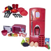 Kit Cozinha Infantil Vermelho Geladeira Microondas Louça 28p