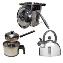 Kit cozinha Inox com Cuscuzeira Grande 2,5L e Individual Peitinho e Chaleira com apito fogão indução elétrico e a gás