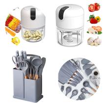 Kit Cozinha - Kit de utensílios com 19 peças em Silicone, Tábua e Faca + Mini processador elétrico