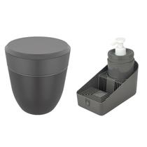 Kit Cozinha Lixeira 2,5L Organizador De Pia Com Dispenser Detergente Porta Esponja Cinza - Crippa