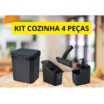 Kit Cozinha Lixeira 5 Litros + Escorredor Talher + Porta Detergente + Rodinho Pia Rattan Moderno
